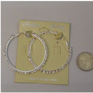 Women Rhinestone Hoop Earrings Silver Tones Leverback Fasteners FASHION JEWELRY